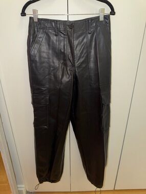 Black Faux Leather Cargo Pants